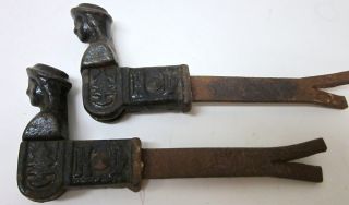 Pair French Antique Vintage Shutter Door Hinges Holder Wrought Iron Figural photo