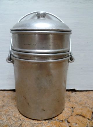 Antique French Metal - Alu Double Lunch Pail / Lunch Box : 2 Trays Inside photo