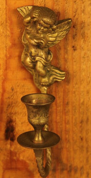Antique Small French Solid Brass Cherub Putti Candle Holder Wall Sconce photo