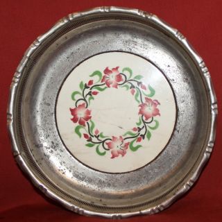 Antique Metal Bowl With Floral Porcelain Bottom photo