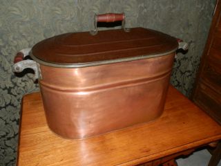 Nicest Large Antique Copper Boiler With Lid And Wooden Handles photo