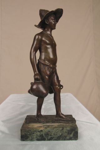 Signed Antique Bronze Figure Bust Statue Sculpture Of Boy,  Marble Base photo