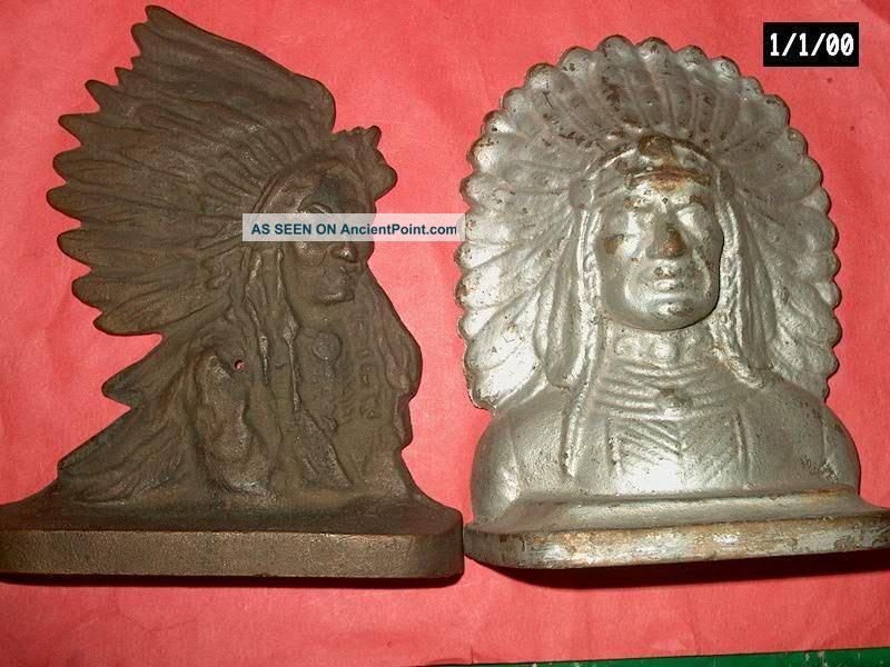 2 Antique 1910 - 20s Solid Brass Native American Indian Chiefs Bookends - Not A Pair Metalware photo