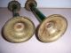 Antique Brass & Green Glass Candle Holders - Lamp Bases Metalware photo 2