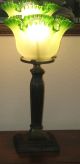 Antique Victorian Electric Table Lamp Green Shade Brass Stand Art Nouveau Lamps photo 5