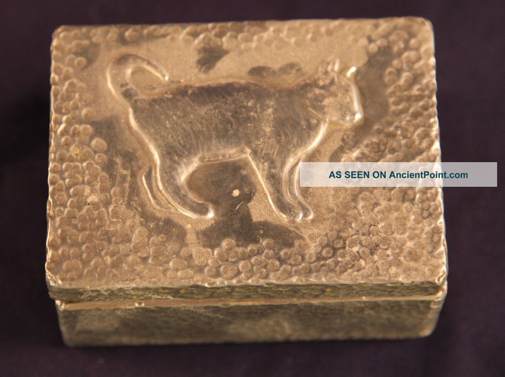 Antique Metal And Wood Box With Embossed Cat Decoration Metalware photo
