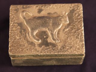 Antique Metal And Wood Box With Embossed Cat Decoration photo