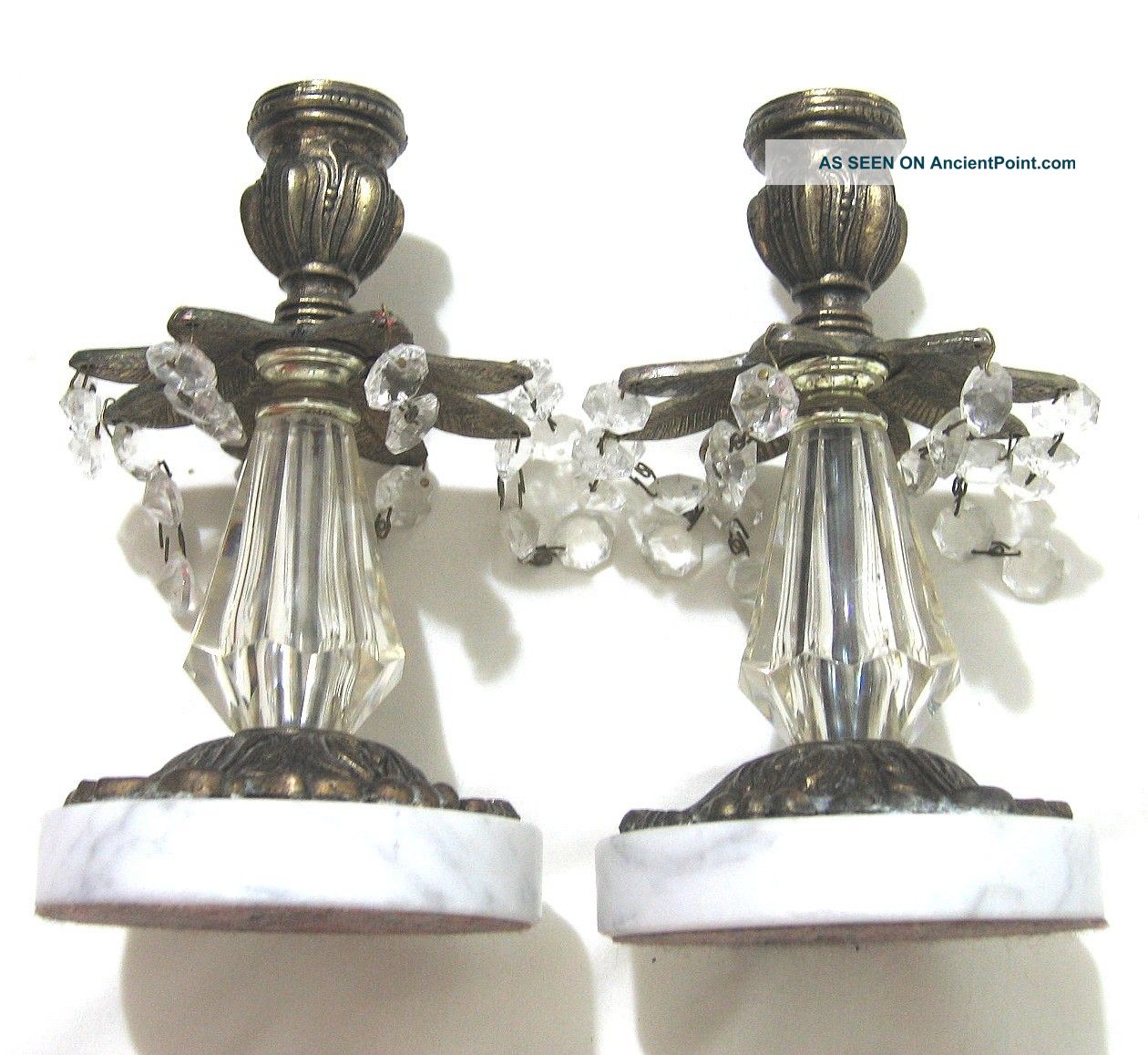 Brass Candle Holder With Crystal Dangles Marble Base Pair 7 
