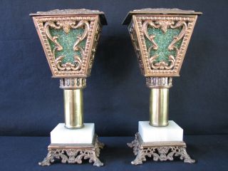 Art Nouveau S.  F.  Mcclory Creations Brass Marble Glass Candle Holders Patina photo