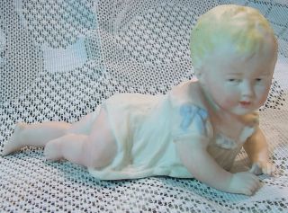 Antique German Bisque Piano Baby 7 Inches With Blue Bows & Blonde Hair photo