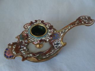 Fine Antique French Dore Bronze Marble Enamel Champleve Candlestick Holder photo