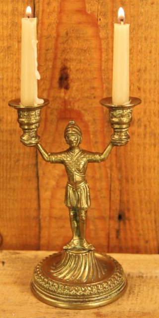 Circa 18th Century Brass Roman Soldier Candlestick Holder photo