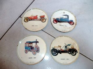 4 Vintage French Metal Glasses Trivets W/ Old Cars photo
