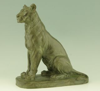 Antique Bronze Of A Sitting Lion By Charles Valton France 1910 photo