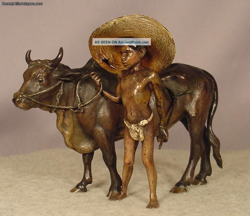 Rare Antique Bergman Vienna Bronze American Black Boy With Bull Metalware photo