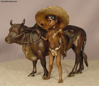 Rare Antique Bergman Vienna Bronze American Black Boy With Bull photo