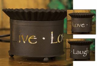 Unique Vintage Short Round Punched Tin Electric Tart Wax Warmer Live Love Laugh photo