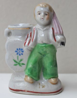 Antique Figurine Boy Porcelain Urn Hand Painted Vintage 1 Crack In Umbrella Vtg. photo