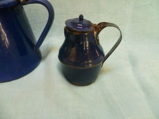 Vintage French Enamel Dark Blue Shabby Small Water Jar / Pitcher / Pot photo