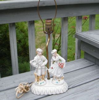 Vintage Antique Hand Painted Victorian Colonial Figural Couple Porcelain Lamp photo