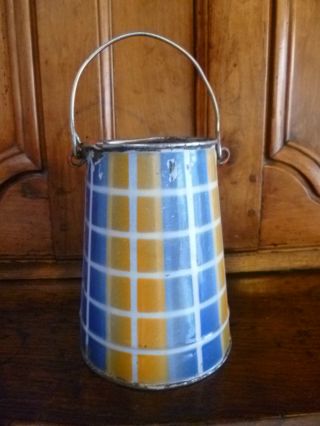 Antique French Enamel Milk Pot / Jar / Pail W/ Great Colored Pattern photo