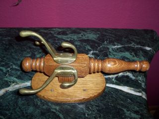 Antique Solid Oak Wall Coat Hanger With 3 Brass Hooks 12 1/2 Inches Long 7 Wide photo