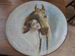 Antique Pre Pro Malt Rainier Ad Tray Women Horse Wall Plaque 16 