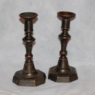 Pair Antique Brass Unpolished Baluster Candlesticks photo
