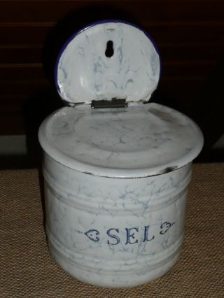 Old French Enamelware Salt Box - C.  1900 - Blue/white Graniteware photo