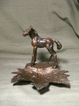 Antique Solid Metal Cast Bronze Race Horse Colt Maple Leaf Ashtray Or Dish 1930s photo