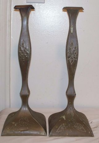 Very Old Antique Tall Ornate Stamped Brass Candleholders Candle Sticks - Flowers photo