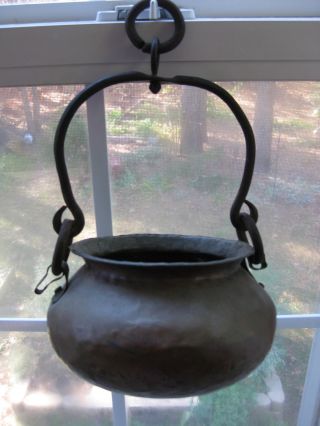 Antique Handmade Primitive Hanging Dovetail Copper Cast Iron Hearth Cooking Pot photo