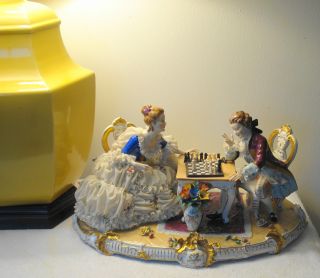 Wonderful Large Dresden Full Lace Figurine Man & Woman Playing Chess Signed photo