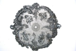 French Ornate Pewter Dish With Cherubs Putti Floral Garland photo