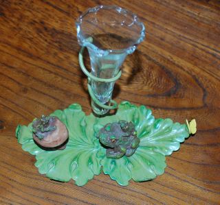 Vintage Cold Painted Over Brass Or Bronze Frogs On Leaves And Vase photo