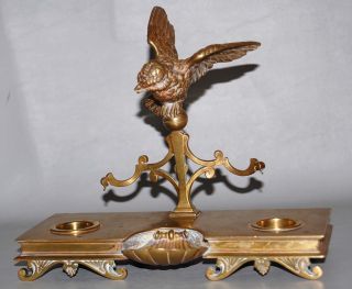 19th C Antique Figural Austrian Vienna Bronze Inkstand Or Inkwell W Bird photo