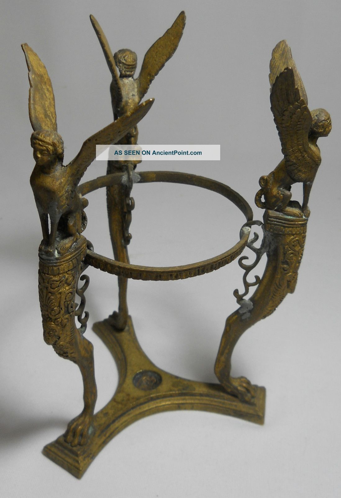 Unique Ornate Antique Brass Flying Triple Sphinx Vase Holder Stand - Victorian Metalware photo