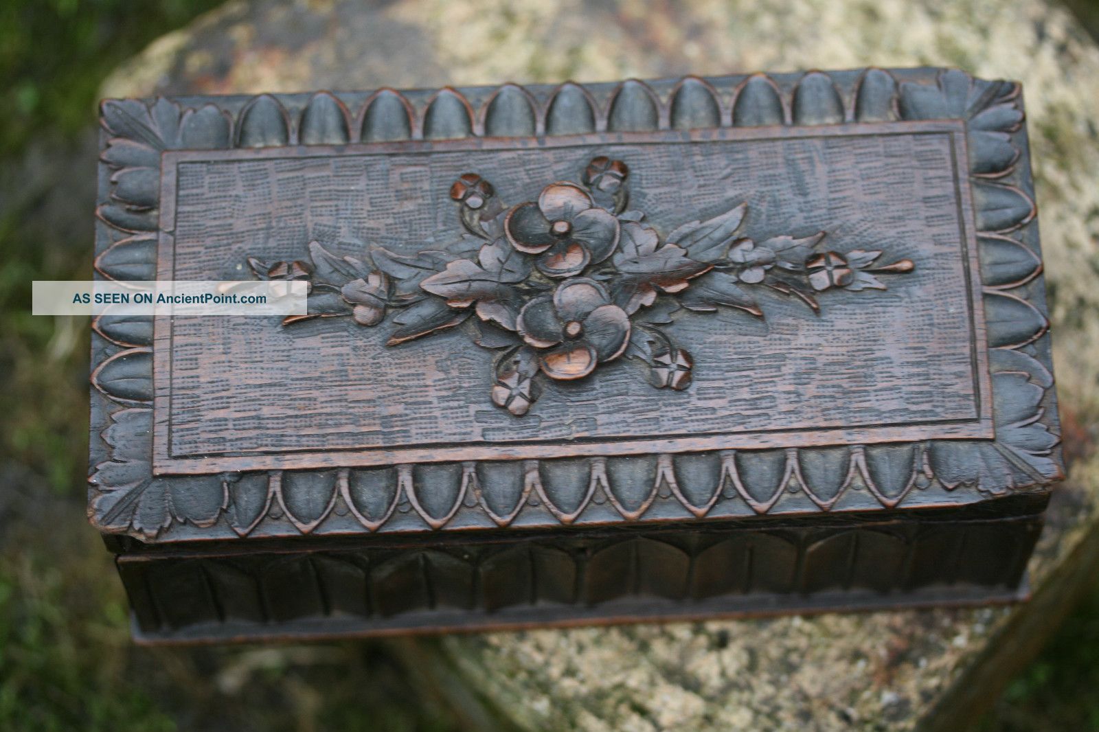 19th C.  Black Forest Oak Wooden Box With Flower & Leaf Carvings To Top Boxes photo