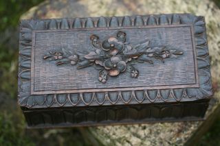 19th C.  Black Forest Oak Wooden Box With Flower & Leaf Carvings To Top photo