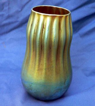 Laege Vintage Gold Favrile Iridescent Gourd Squash Shaped Art Glass Vase photo