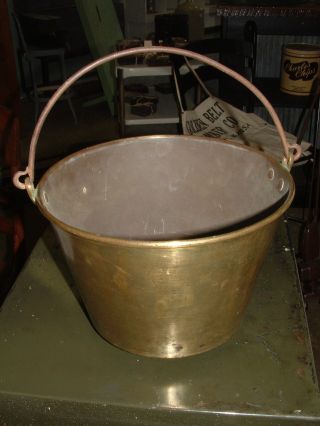 Antique Hammered & Turned Brass Bucket Hand Forged Hande W/ Copper Rivets 1889 photo