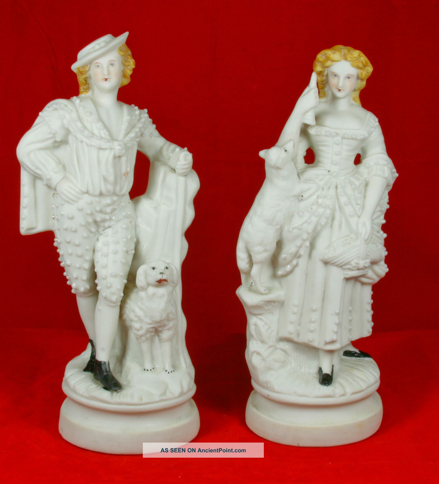 Staffordshire Porcelain Figurine Girl & Boy W Dogs Set 2 Antique C1860 Figurines photo