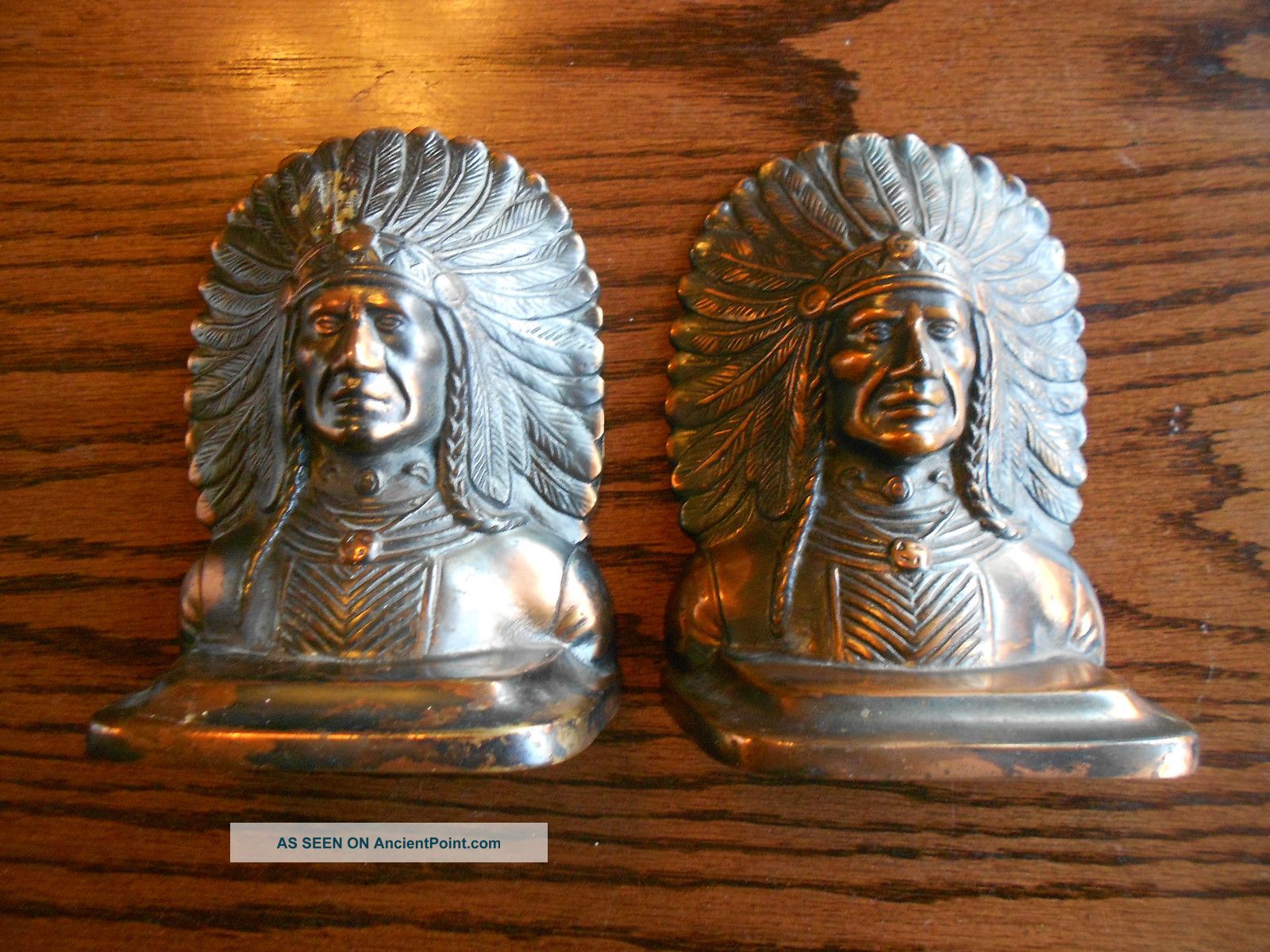 Rare Antique Jennings Bros Native American Indian Brass Bookends Edison Finish Metalware photo