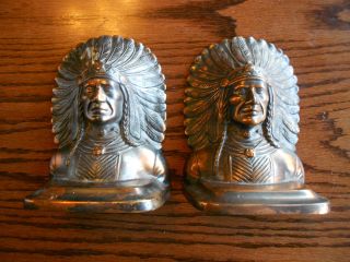 Rare Antique Jennings Bros Native American Indian Brass Bookends Edison Finish photo