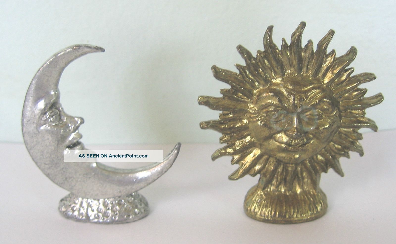 Miniature Metal Crescent Moon & Sun W Rays - Face Art Sculpture Statue Set Metalware photo