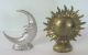 Miniature Metal Crescent Moon & Sun W Rays - Face Art Sculpture Statue Set Metalware photo 1