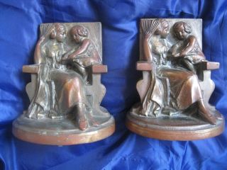 Antique Pair Of Child Reading To Mother Bookends Victorian Lady With Fan photo