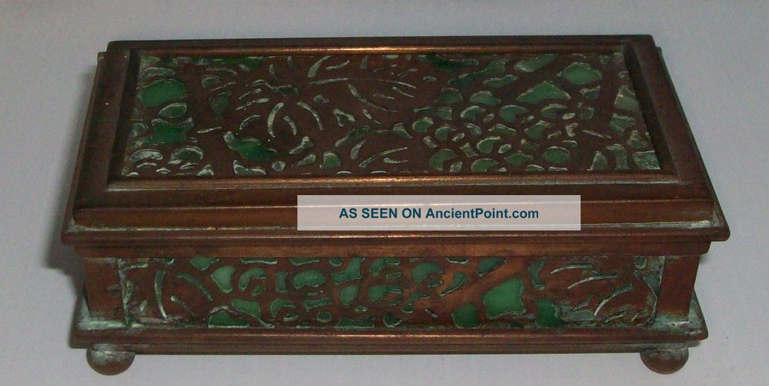 Tiffany Studios 801 Grapeleaf/ Grapevine Bronze & Slag Glass Desk Box With Lid Metalware photo