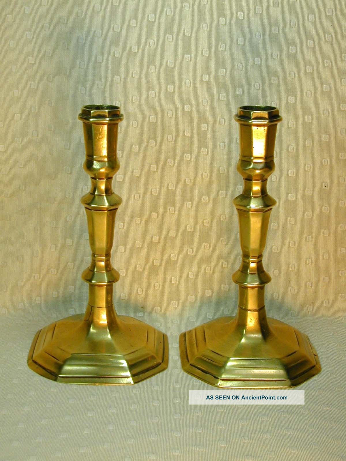 Pair Of Antique 1700 French Facet & Marked Brass Candlesticks Metalware photo
