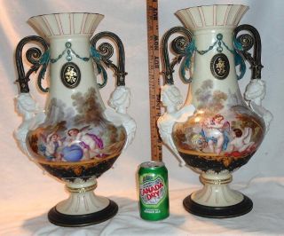 Pair French Continental Porcelain Vases Urns Old Paris Winged Mounts & Cherubs photo